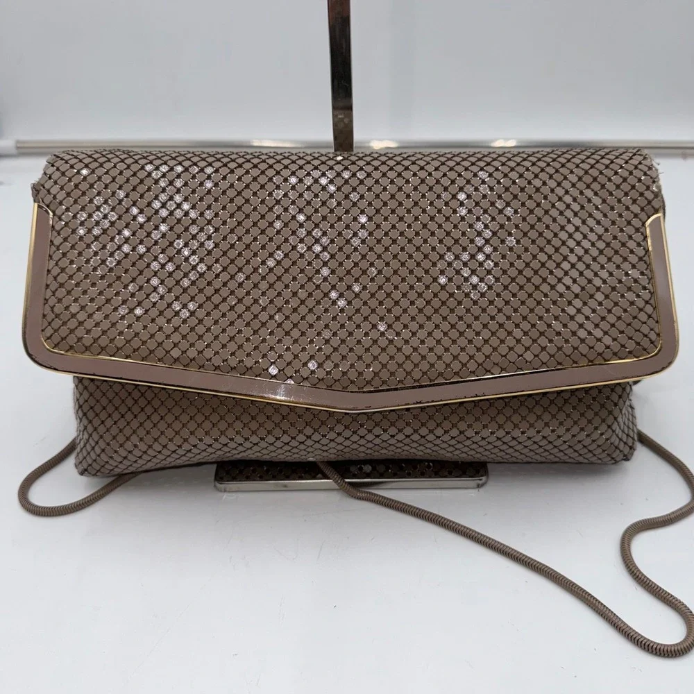Pelle Italia Vintage Mesh Clutch Handbag Taupe Gold Chain Strap Evening Bag